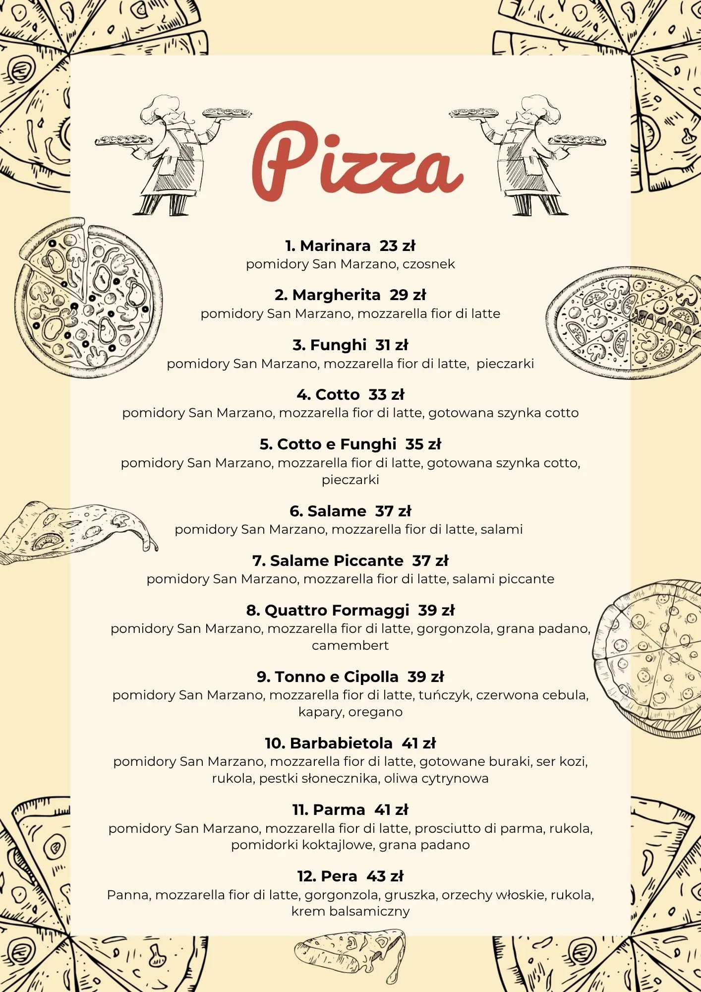 Karta menu: pizza
